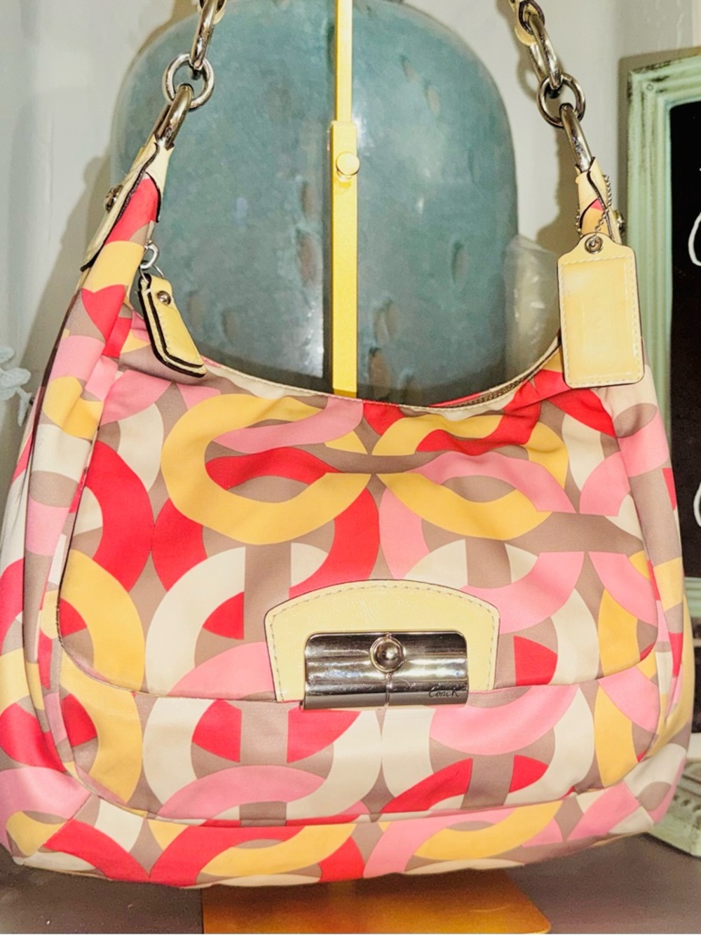 COACH Kristin Op Art Yellow Multicolor Satin Hobo Shoulder Bag 2013 #F22745 EUC - Picture 6 of 16